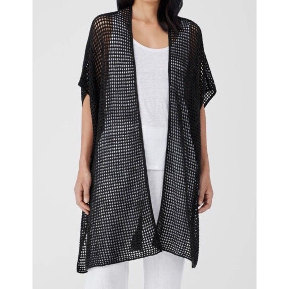 Eileen Fisher Organic Linen Delave Longline Cardigan Duster $298 XXS/XS BLACK